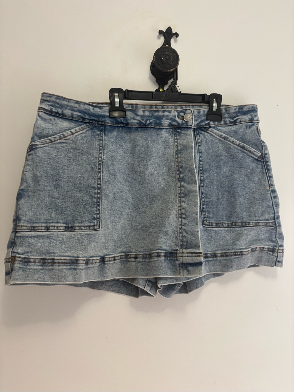 Denim Mini Skort with Front Patch Pockets - Light Blue
